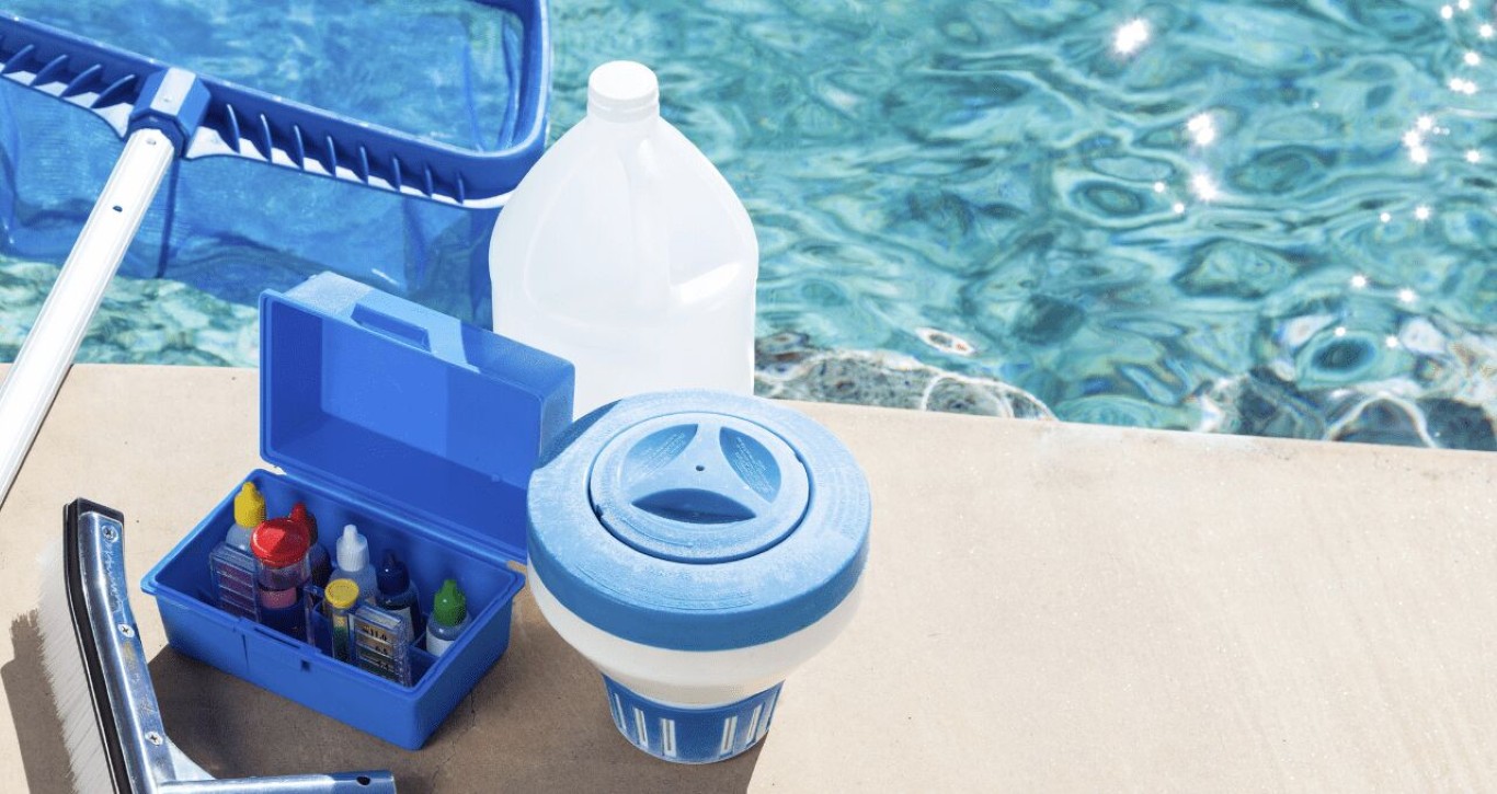 Pool water testing kit and chemicals for deep cleaning service in Miami Gardens, FL